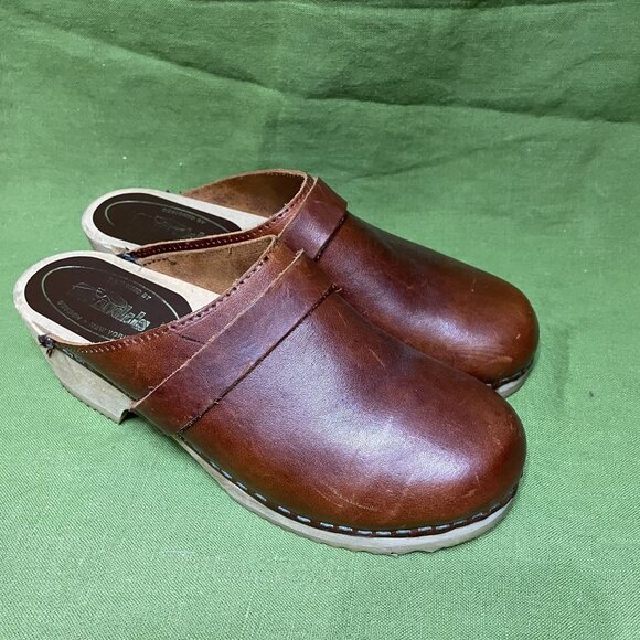 Skandals Womens Brown Leather Wooden Sole Swedish Clogs Lagenlook Size 38 - Picture 1 of 9